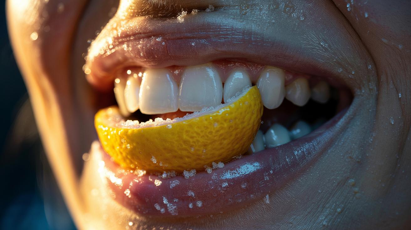 Illustration of a lemon peel and sugar scrub applied to teeth to whiten by lifting surface stains via acid and abrasion