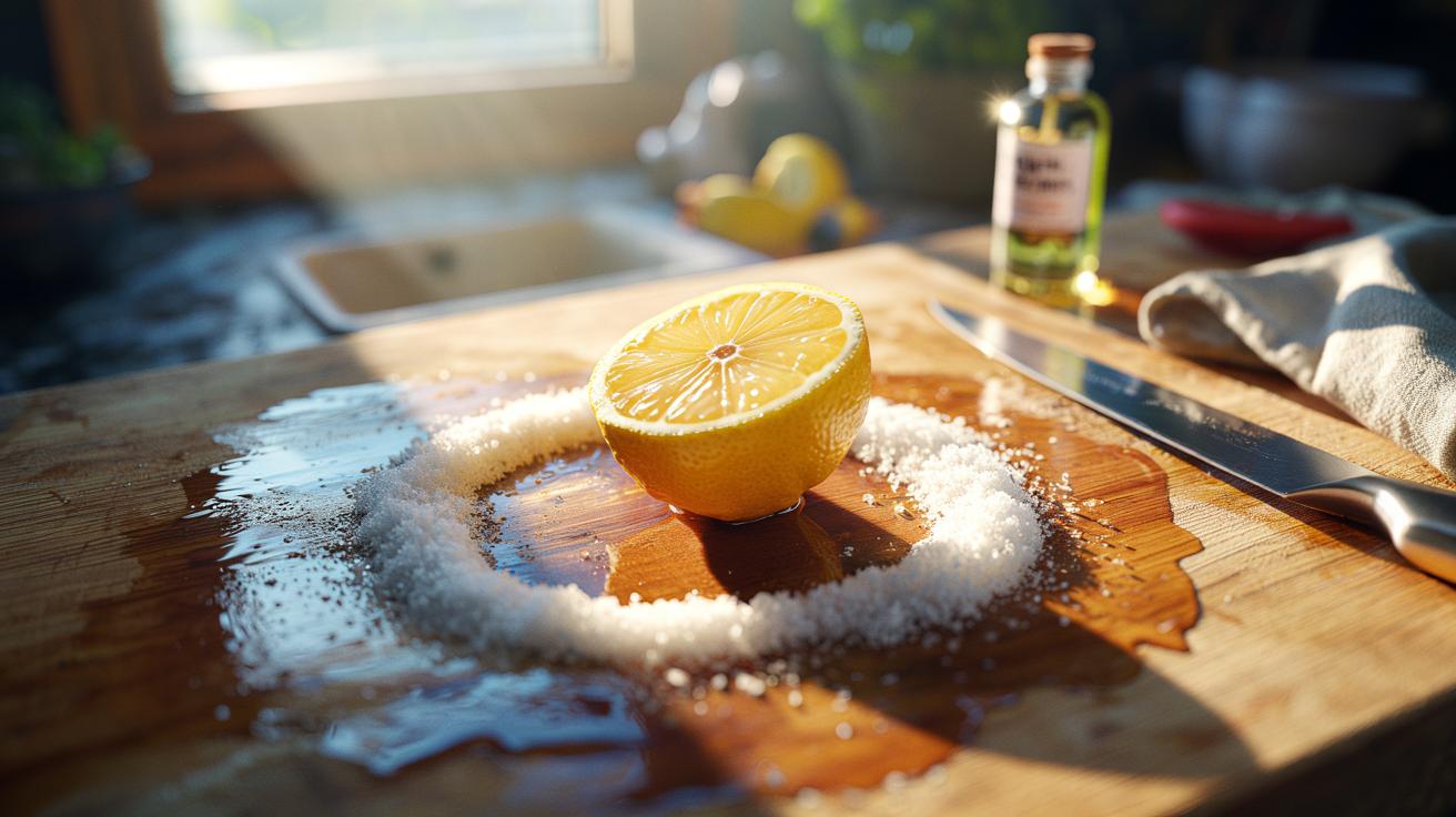 Illustration of a halved lemon scrubbing coarse salt across a wooden chopping board to clean and whiten the surface.