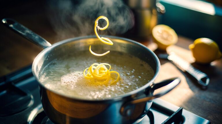 Illustration of lemon zest added to boiling water to infuse rice, with essential oils dispersing and clinging to each grain