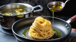 Illustration of lemon zest simmering in pasta water, with olive oil and starchy water forming a glossy emulsion on freshly cooked pasta