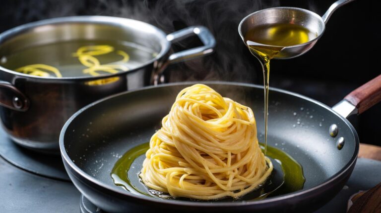 Illustration of lemon zest simmering in pasta water, with olive oil and starchy water forming a glossy emulsion on freshly cooked pasta