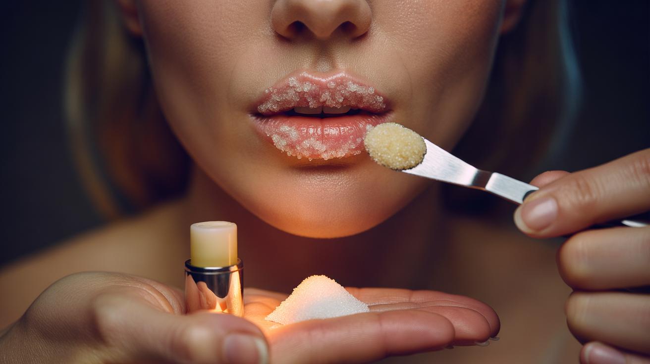 Illustration of mixing lip balm with sugar to make a 10‑second DIY lip scrub applied gently to the lips