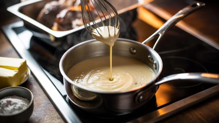 Illustration of milk being whisked into a butter-flour roux in a saucepan to create silky, lump-free gravy