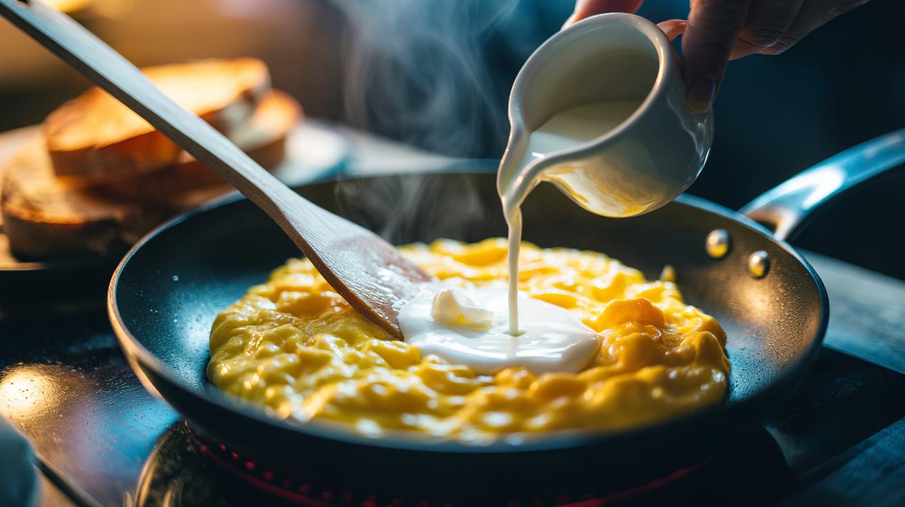 Illustration of creamy scrambled eggs being gently stirred in a pan with milk and butter