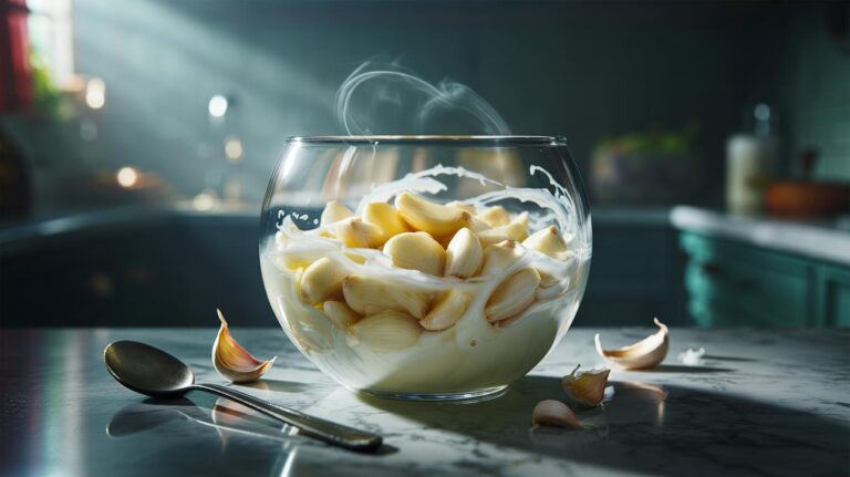 Illustration of sliced garlic cloves soaking in cold milk as casein binds sulphur compounds to reduce pungency