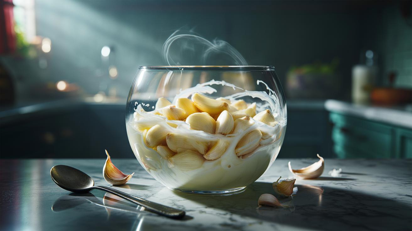Illustration of sliced garlic cloves soaking in cold milk as casein binds sulphur compounds to reduce pungency
