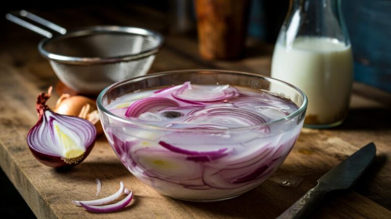 Illustration of sliced onions soaking in milk to make them milder and sweeter
