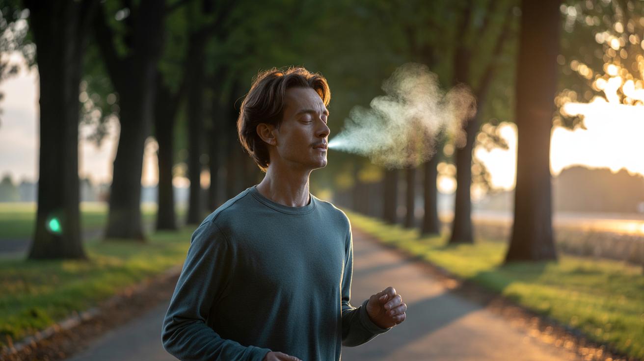Illustration of a person walking mindfully, syncing steps with longer nasal exhales to clear mental fog and sharpen focus