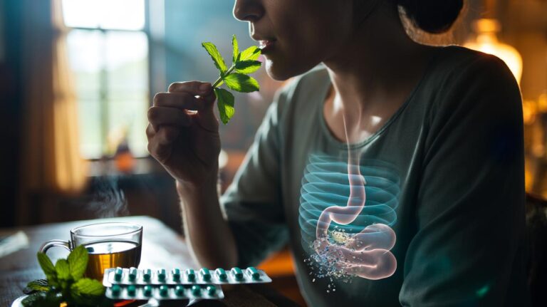 Illustration of a person chewing fresh mint leaves to ease an upset stomach, showing how menthol relaxes gut muscles for quick digestion relief