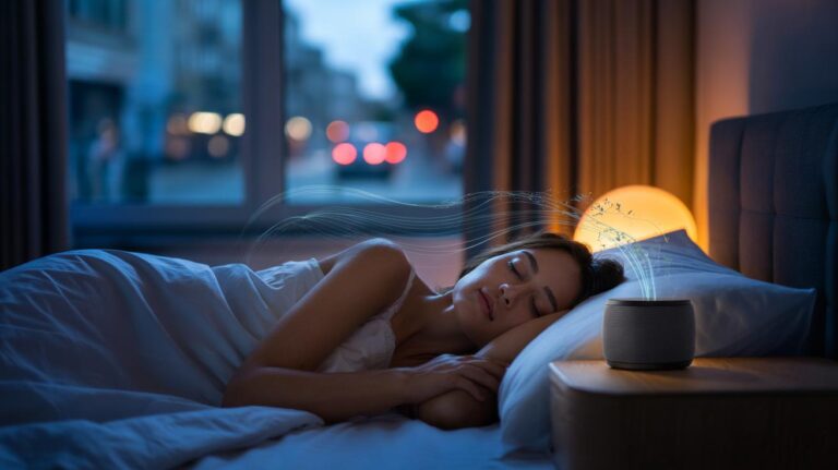 Illustration of a sleeping person while ambient nature sounds from a speaker mask nighttime disruptions for deeper rest