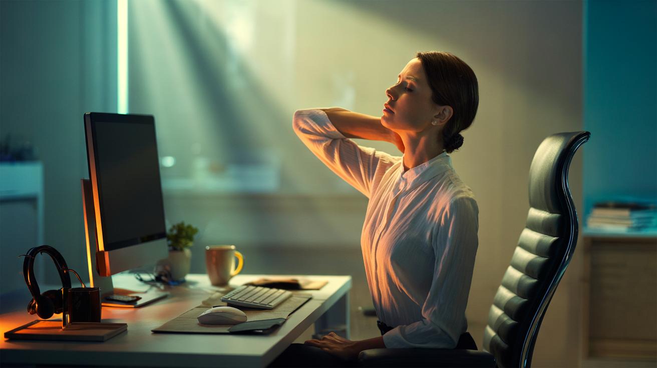 Illustration of a seated office worker practicing gentle neck pulls at a desk to relieve tension and align posture