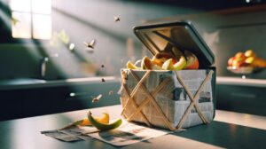 Illustration of a kitchen bin lined with old newspaper absorbing moisture and odours to deter fruit flies