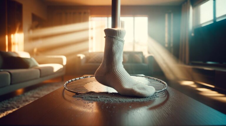 Illustration of an old sock on a pole enclosing a ceiling fan blade to trap dust safely