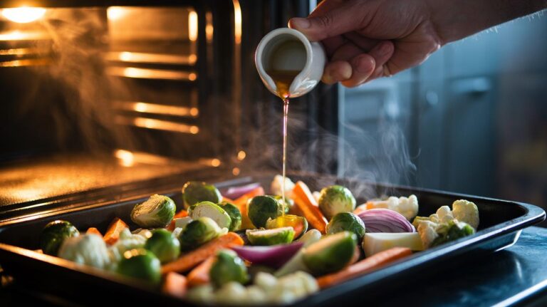 Illustration of olive oil being drizzled over mixed vegetables on a hot roasting tray to boost crispness and caramelisation