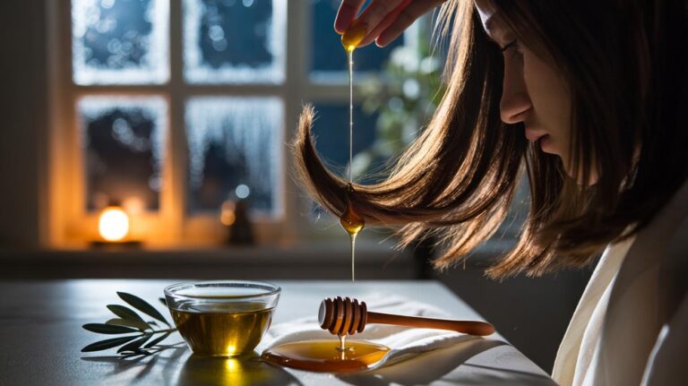 Illustration of an olive oil and honey hair mask being applied to winter-dry hair to restore shine overnight