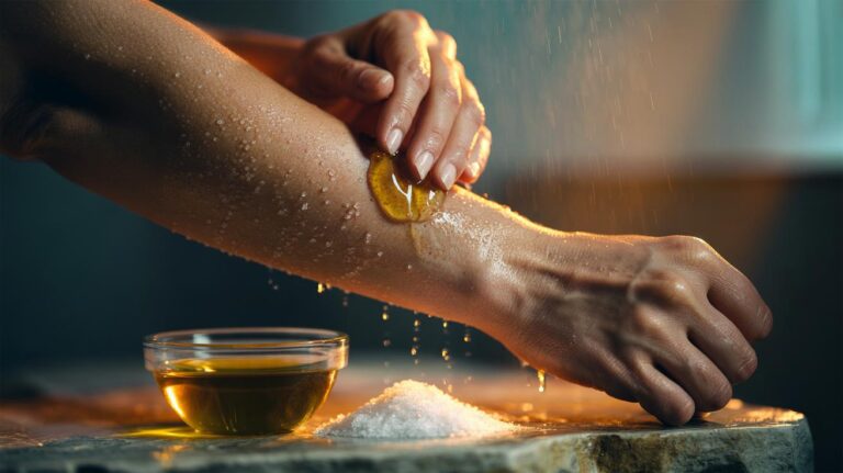 Illustration of an olive oil and sea salt body scrub gently exfoliating keratin plugs on bumpy chicken skin (keratosis pilaris)