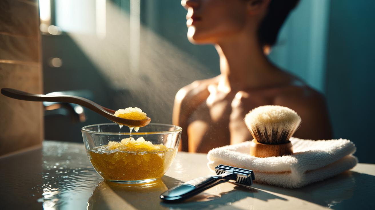 Illustration of the olive oil and sugar pre-shave scrub to help prevent ingrown hairs