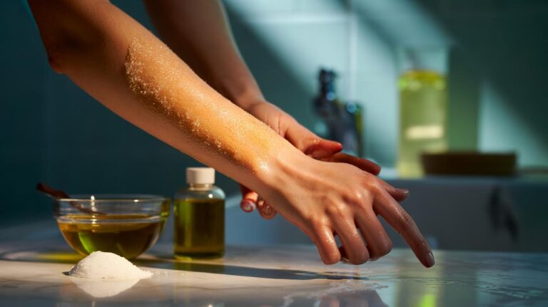 Illustration of an olive oil and sugar scrub being massaged onto skin to lift fake-tan patches