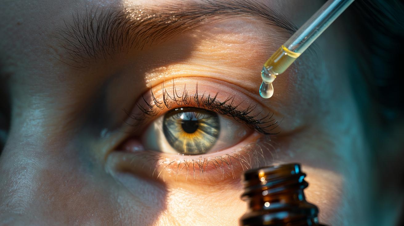 Illustration of one drop of castor oil being applied along the upper lash line with a clean spoolie to condition eyelashes