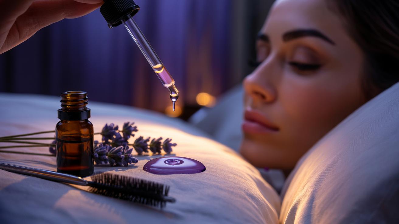 Illustration of a single drop of lavender essential oil on a pillow beside an eyebrow brush