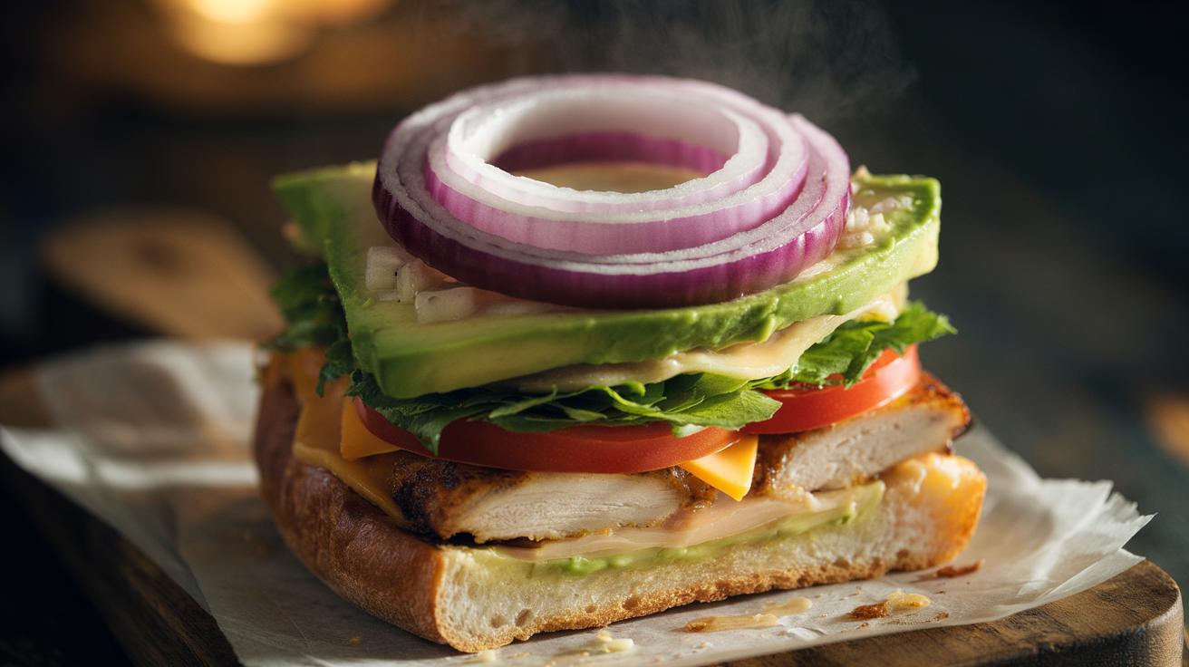 Illustration of thin raw onion rings layered in a sandwich to add crisp texture without overpowering flavour