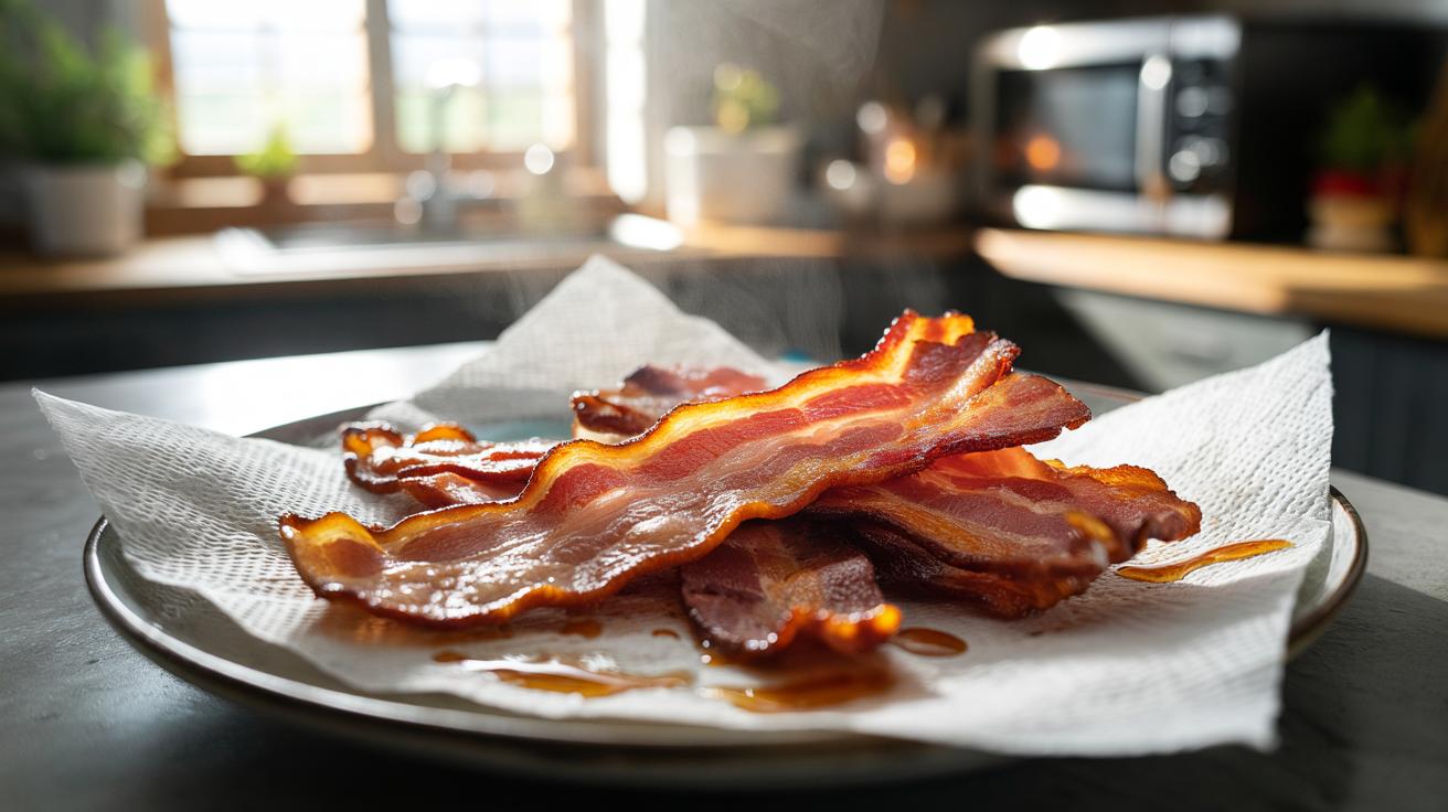 Illustration of crispy bacon rashers on kitchen roll, with rendered fat visibly wicked into the paper towel