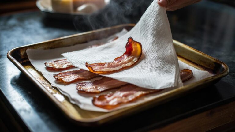 Illustration of bacon rashers sandwiched between paper towels on a rimmed baking tray, wicking fat for an even, restaurant-crispy finish.