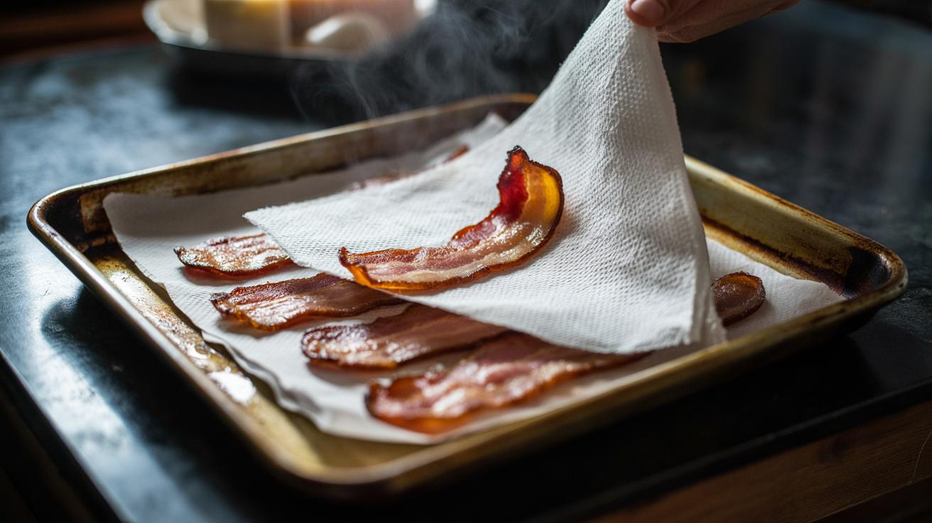 Illustration of bacon rashers sandwiched between paper towels on a rimmed baking tray, wicking fat for an even, restaurant-crispy finish.