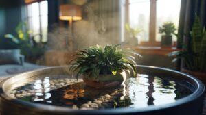 Illustration of a houseplant pot resting on pebbles above water in a tray, showing evaporation that increases local humidity