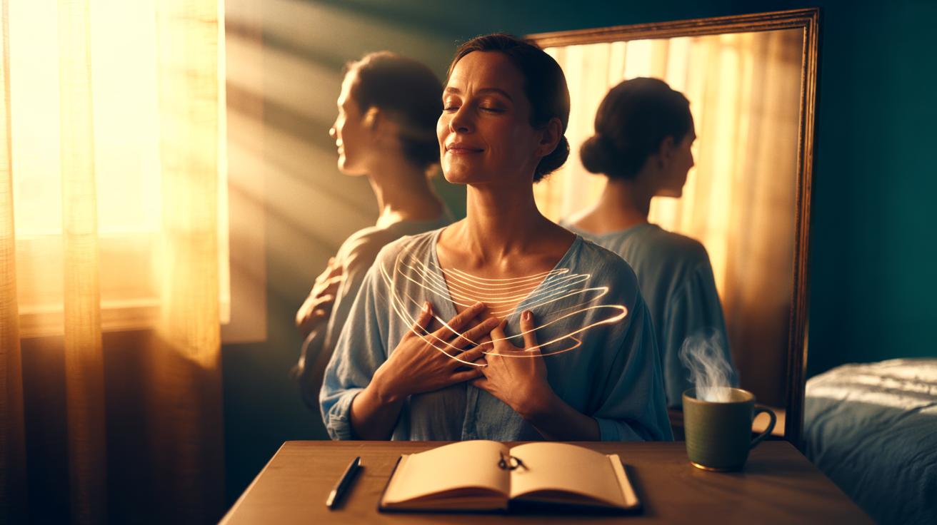 Illustration of a person repeating positive affirmations daily to build confidence and self-belief over time