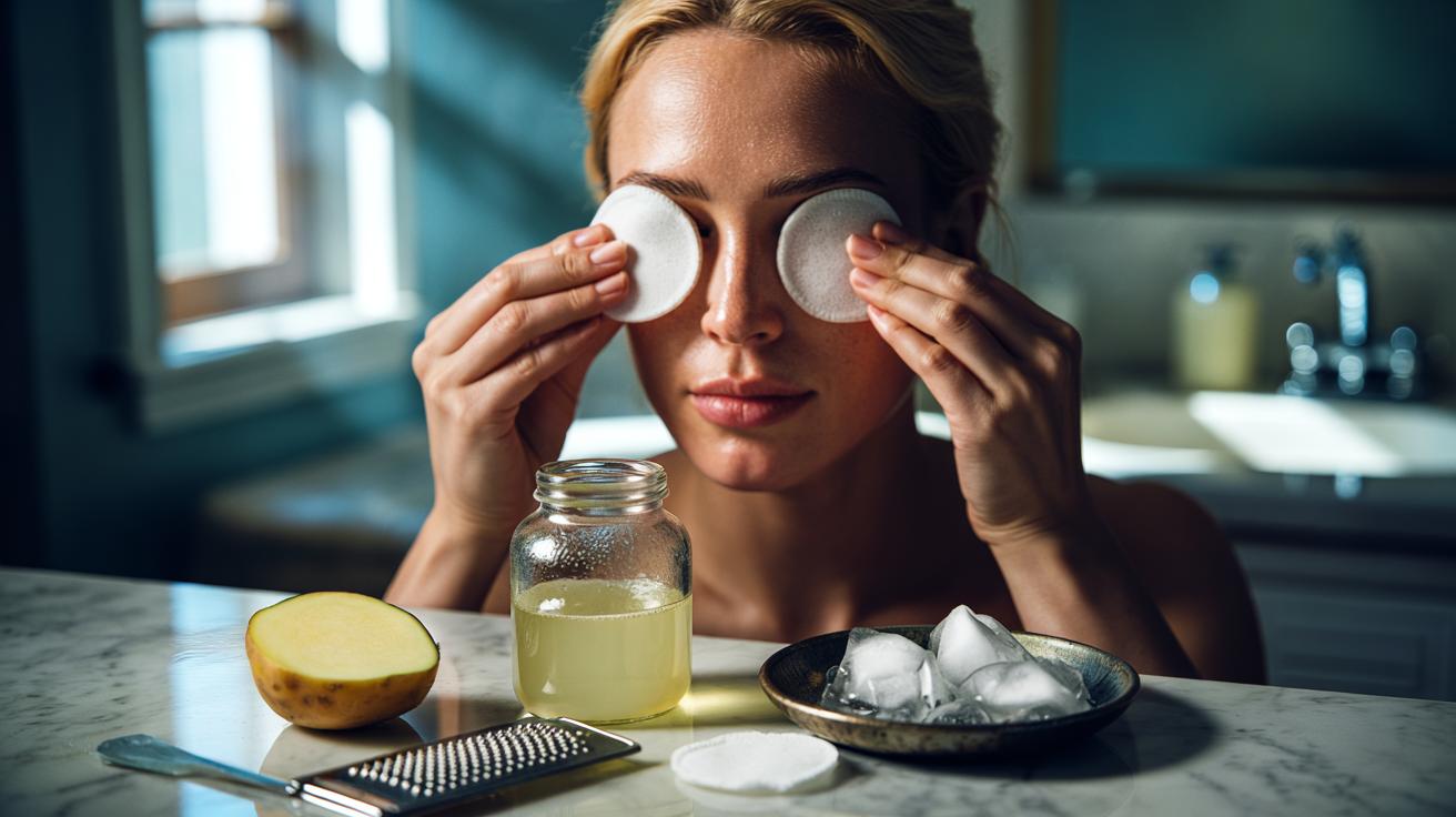 Illustration of a person placing chilled potato juice–soaked pads under the eyes to soften dark circles