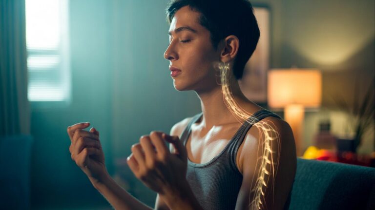 Illustration of a person practising progressive muscle relaxation, tensing and releasing muscle groups to signal safety to the nervous system and ease anxiety