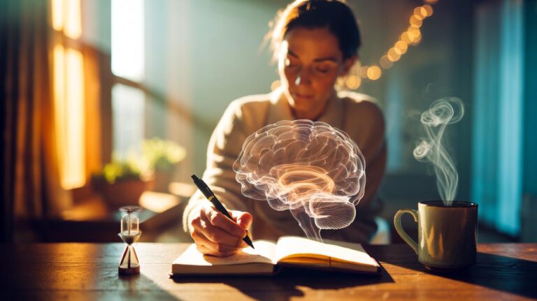 Illustration of a person writing a quick gratitude journal with specific prompts, showing positive recall rewiring neural pathways to boost daily mood