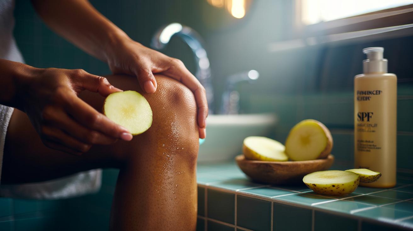 Illustration of a raw potato slice being rubbed on dark knees and elbows to gently lighten hyperpigmentation via catalase