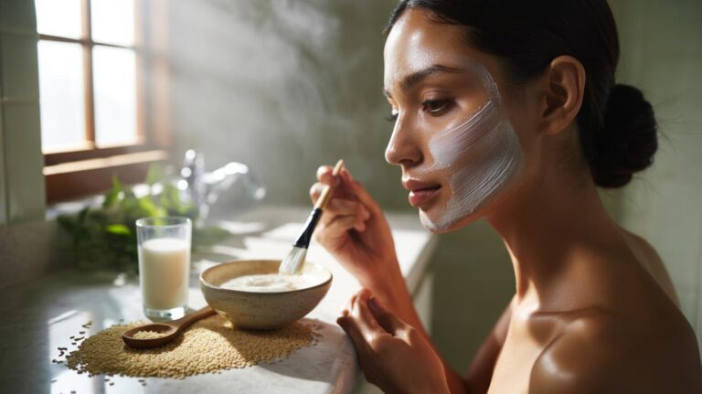 Illustration of a rice flour and milk face mask being mixed and applied for gentle exfoliation and instant glow