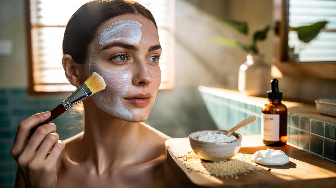 Illustration of a rice flour and yogurt face mask being mixed in a bowl and applied to the face for brighter skin