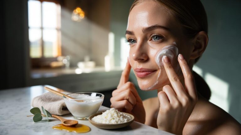 Illustration of a homemade rice flour and yogurt facial scrub being applied for gentle lactic acid exfoliation