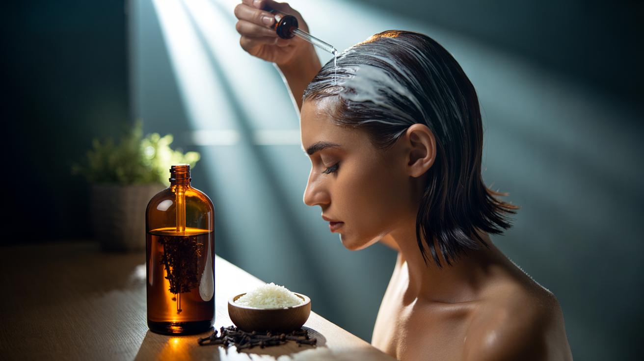 Illustration of a rice water and clove hair rinse being prepared and applied to the scalp to strengthen roots and reduce shedding
