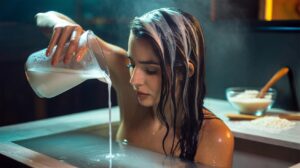 Illustration of a person pouring diluted rice water over their hair as a final rinse, the starch coating each strand for a slippery, shiny finish
