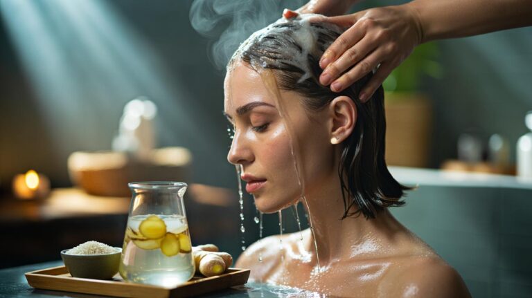 Illustration of rice water and fresh ginger prepared as a scalp rinse to boost circulation and promote faster hair growth