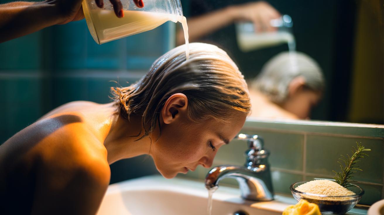 Illustration of rice water being applied as a rinse to thinning hair to make it appear thicker in 14 days