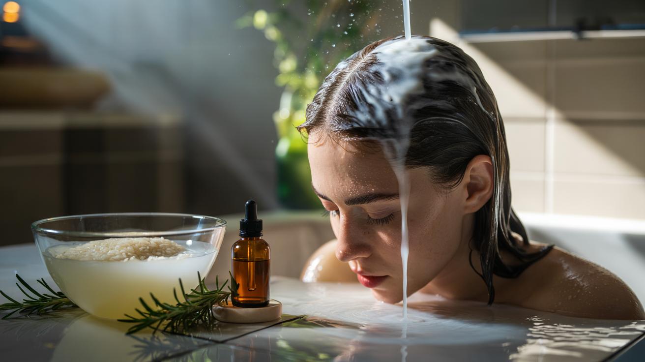 Illustration of rice water and rosemary being used as a weekly hair rinse to nourish scalp follicles