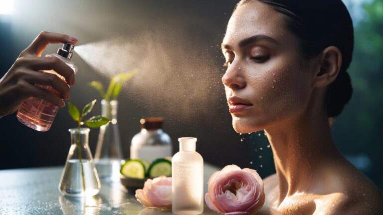 Illustration of rose water mist used as a natural astringent to balance oily skin and control sebum without drying