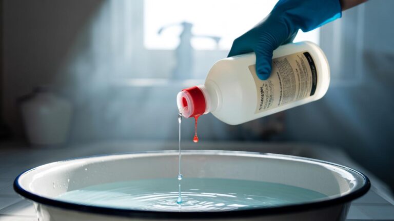 Illustration of a bleach bottle with a rubber band placed below the spout to stop drips and ensure a clean pour