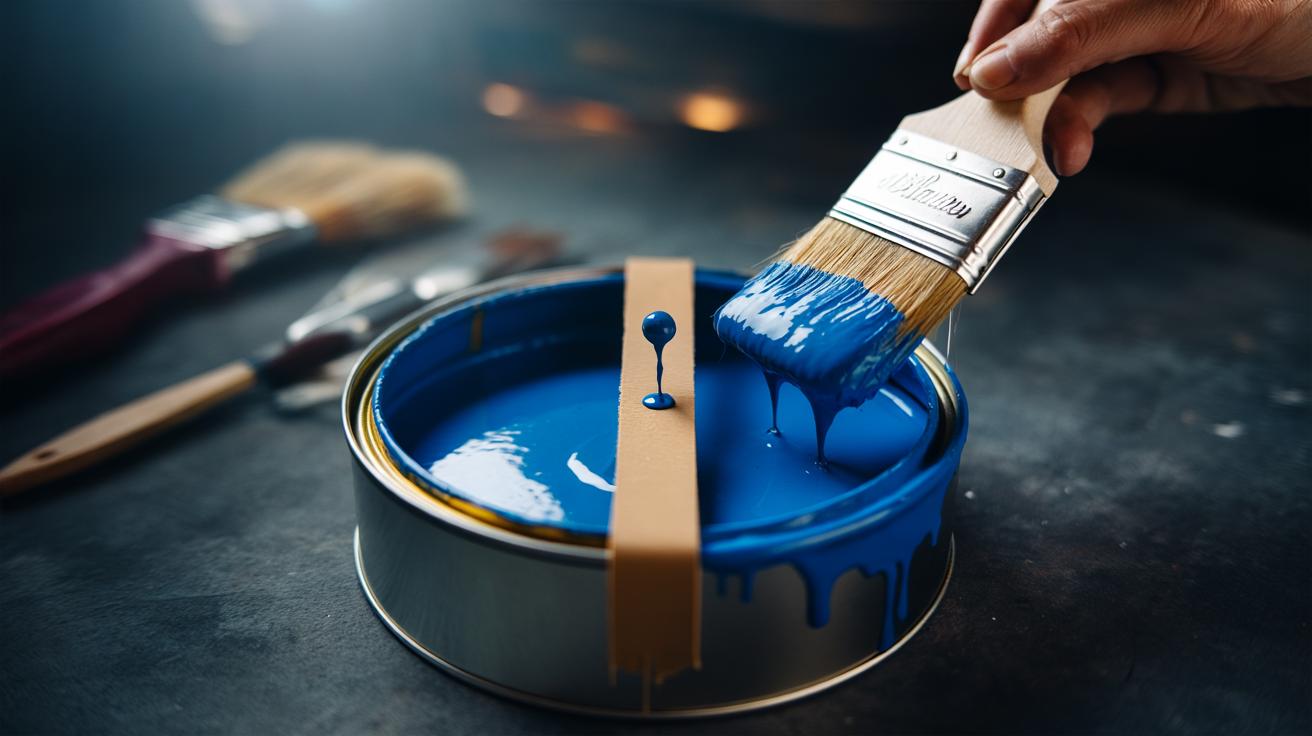 Illustration of a rubber band stretched across an open paint tin to create a central wiping edge that prevents drips