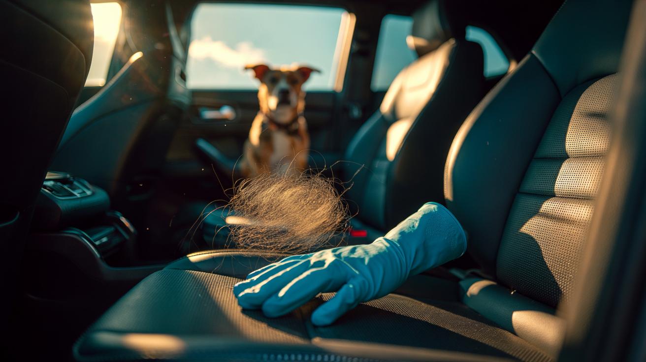 Illustration of a textured rubber glove swiping a car seat to lift clumped dog hair using static electricity