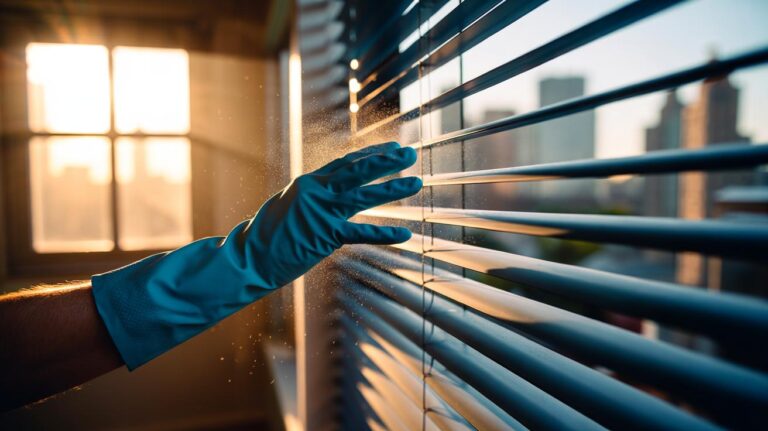Illustration of a hand wearing a rubber glove using static electricity to dust venetian blinds