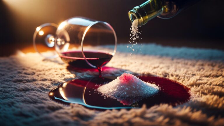 Illustration of salt crystals poured onto a fresh red wine spill on a rug, wicking the liquid before it sets