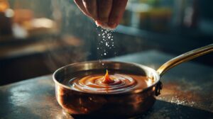 Illustration of a pinch of salt being added to hot caramel to stop crystallisation and achieve a silky texture