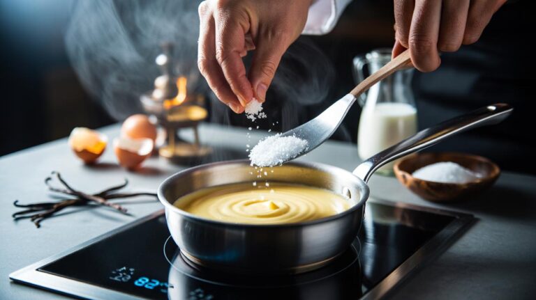 Illustration of a pinch of salt being added to a warming custard as it is stirred to stabilise the eggs and prevent splitting